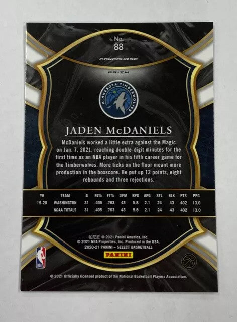 Timberwolves Jaden McDaniels 2020-21 Panini Select No.88 Prizm
