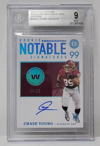 Washington Football Team Chase Young 2020 Encased 14/25 Rookie Sapphire Beckett Graded 9 Mint Single Card