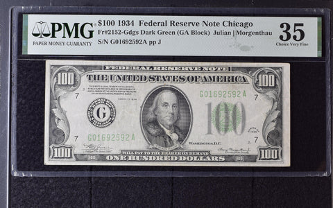 1934 $100 Federal Reserve Note Chicago Dollar Bill - Fr#2152-Gdgs Dark Green, GA Block, Julian/Morgenthau - PMG Graded 35
