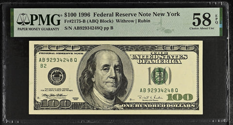 1996 $100 Federal Reserve Note New York Dollar Bill - Fr#2175-B, ABQ Block, Withrow/Rubin - PMG Graded 58 Serial Numbered (Lot of 3)
