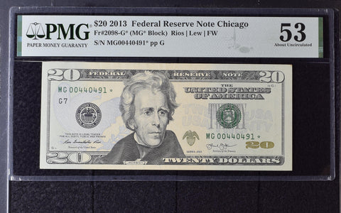 2013 $20 Federal Reserve Note Chicago Dollar Bill - Fr#2098-G*, MG* Block, Rios/Lew/FW - PMG Graded 53