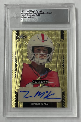 Tanner McKee 2022 Leaf Flash Pre-Production 1/1 Super Prismatic Gold Autographed Rookie Single Card