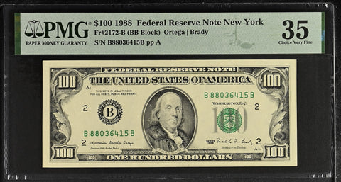 1988 $100 Federal Reserve Note New York Dollar Bill - Fr#2172-B, BB Block, Ortega/Brady - PMG Graded 35
