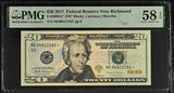2017 $20 Federal Reserve Note Richmond Dollar Bill - Fr#2099-E*, NE* Block, Carranza/Mnuchin - PMG Graded 58 (Lot of 4)