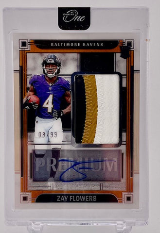 Ravens Zay Flowers 2023 Panini One No.124 #08/99 Autographed Relic Rookie Single Card