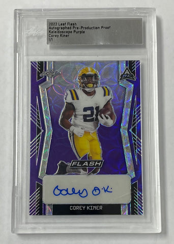 LSU Corey Kiner 2022 Leaf Flash Pre-Production 1/1 Kaleidoscope Purple Autographed Rookie Single Card