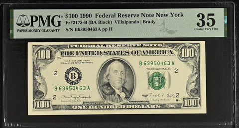 1990 $100 Federal Reserve Note New York Dollar Bill - Fr#2173-B, BA Block, Villalpando/Brady - PMG Graded 35