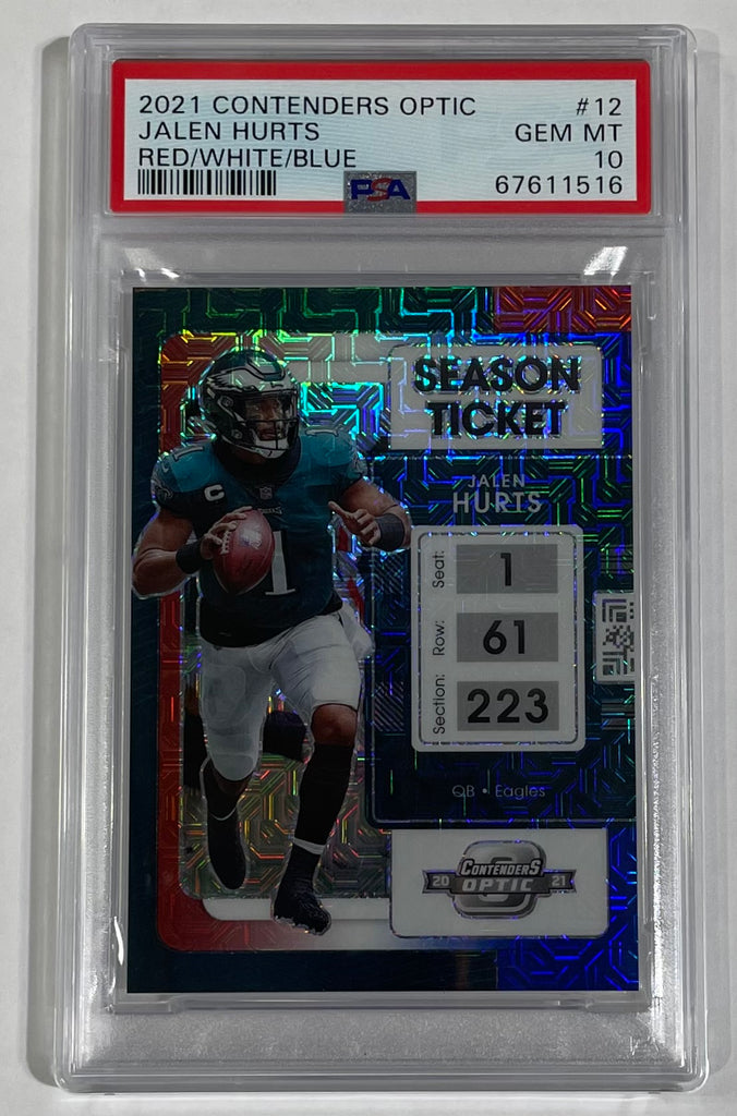 jalen hurts graded rookie card Eagles Jalen Hurts 2021 Panini Contenders Optic No.12 08/13 PSA 10 Gra – JP Sports