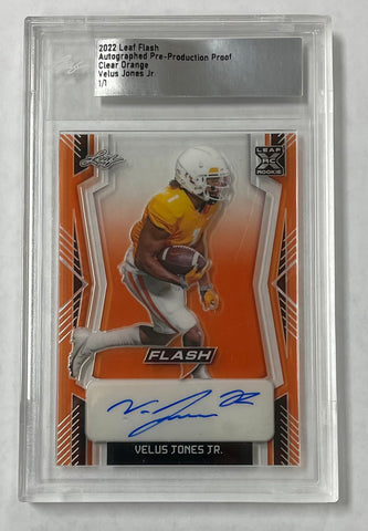 Velus Jones Jr 2022 Leaf Flash Pre-Production 1/1 Clear Orange Autographed Rookie Single Card