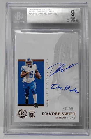 Lions D'Andre Swift 2020 Panini Encased 48/50 Rookie Beckett Graded 9 Mint Autographed Single Card