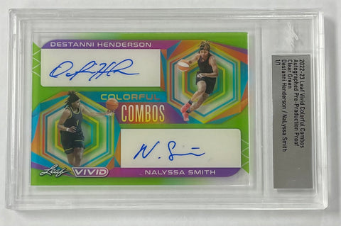 Fever/North Carolina Destanni Henderson Nalyssa Smith 2022-23 Leaf Vivid Pre-Production 1/1 Clear Green Dual Autographed Rookie Single Card