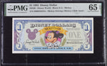 1993 $1 Disney Dollar Bill - DIS30, Disney World, Block D-A, Mickey - PMG Graded 65