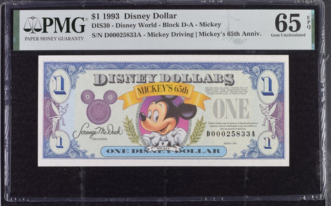 1993 $1 Disney Dollar Bill - DIS30, Disney World, Block D-A, Mickey - PMG Graded 65