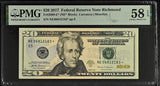 2017 $20 Federal Reserve Note Richmond Dollar Bill - Fr#2099-E*, NE* Block, Carranza/Mnuchin - PMG Graded 58 (Lot of 4)