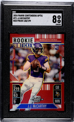 Vikings JJ McCarthy 2024 Panini Contenders Optic No.71 SGC Graded 8 #130/199 Red Prizm Rookie Single Card