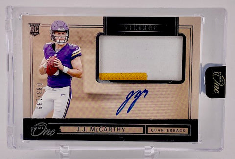 Vikings JJ McCarthy 2024 Panini One No.1 #083/199 Autographed Relic Rookie Single Card