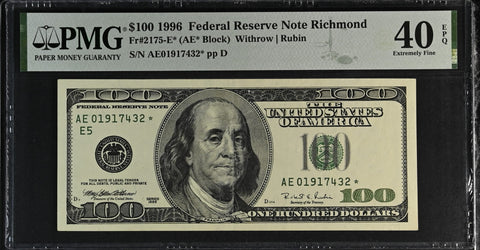 1996 $100 Federal Reserve Note Richmond Dollar Bill - Fr#2175-E*, AE* Block, Withrow/Rubin - PMG Graded 40