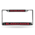 Blackhawks Laser Cut License Plate Frame Silver w/ Black Background