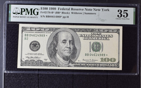 1999 $100 Federal Reserve Note New York Dollar Bill - Fr#2176-B*, BB* Block, Withrow/Summers - PMG Graded 35