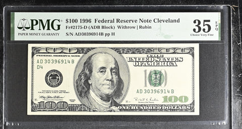 1996 $100 Federal Reserve Note Cleveland Dollar Bill - Fr#2175-D, ADB Block, Withrow/Rubin - PMG Graded 35