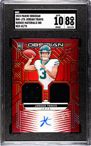 Jets Jordan Travis 2024 Panini Obsidian No.RMI-JTS #42/75 SGC Graded 8 Autographed Relic Rookie Single Card