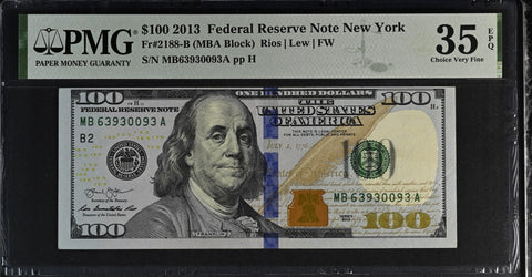 2013 $100 Federal Reserve Note New York Dollar Bill - Fr#2188-B, MBA Block, Rios/Lew/FW - PMG Graded 35