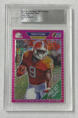 Travis Etienne 2021 Leaf Pro Set Metal 1989 Pre-Production 1/1 Pink Mojo Rookie Single Card