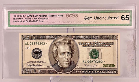 1996 $20 Federal Reserve Note San Francisco Dollar Bill - Fr#2083-L*, Withrow/Rubin - GCGS Graded 65