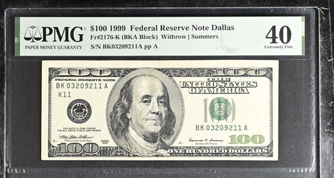 1999 $100 Federal Reserve Note Dallas Dollar Bill - Fr#2176-K, BKB Block, Withrow/Summers - PMG Graded 40