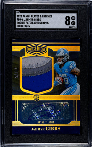 Lions Jahmyr Gibbs 2023 Panini Plates & Patches No.RPA-6 SGC #73/75 SGC Graded 8 Autographed Relic Rookie Single Card