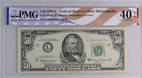 1963A $50 Federal Reserve Note Minneapolis Dollar Bill - Fr#2113-I*, L* Block, Granahan/Fowler - PMG Graded 40