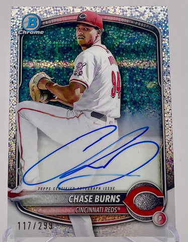 Reds Chase Burns 2025 Bowman Chrome No.CPA-CB #117/299 Speckle Autographed 1st Bowman Single Card