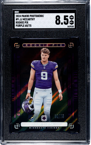 Vikings JJ McCarthy 2024 Panini Photogenic No.9 #68/75 SGC Graded 8.5 Rookie Single Card