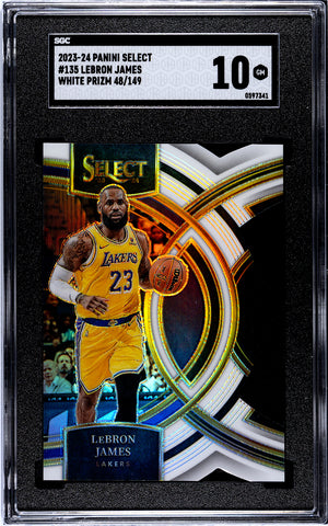 Lakers Lebron James 2023-24 Panini Select No.135 #48/149 White Prizm SGC Graded 10 Single Card