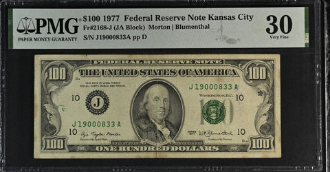 1977 $100 Federal Reserve Note Kansas City Dollar Bill - Fr#2168-J, JA Block, Morton/Blumenthal - PMG Graded 30