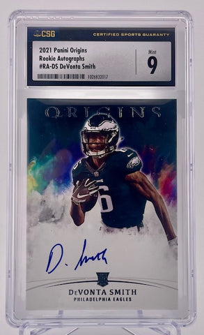 Eagles DeVonta Smith 2021 Panini Origins No.RA-DS CSG Graded 9 Autographed Rookie Single Card