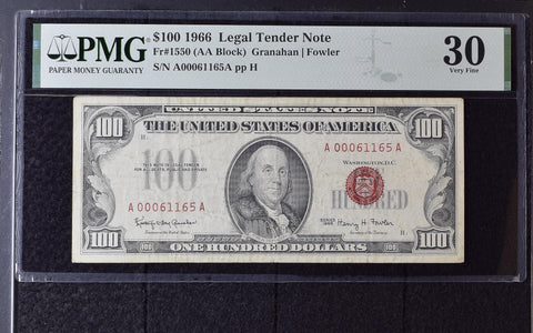 1966 $100 Legal Tender Note Dollar Bill - Fr#1550, AA Block, Granahan/Fowler - PMG Graded 30