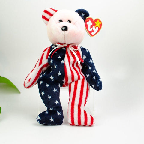 TY Beanie Baby 8.5" - Spangle Red/White and Blue 1999 Bear With Pink Head