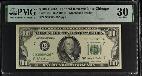 1963A $100 Federal Reserve Note Chicago Dollar Bill - Fr#2163-G, GA Block, Granahan/Fowler - PMG Graded 30