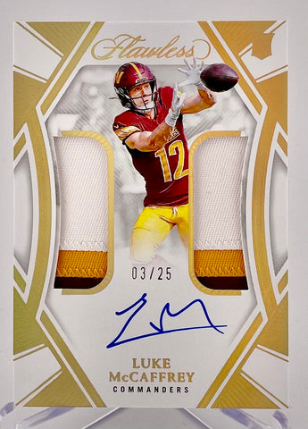 Commanders Luke McCaffrey 2024 Panini Flawless No.RDPA-LMC #03/25 Autographed Relic Rookie Single Card