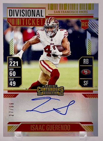 49ers Isaac Guerendo 2024 Panini Contenders No.138 #27/99 Autographed Rookie Single Card