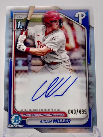 Phillies Aidan Miller 2024 Bowman Chrome No.CPA-AMI #040/499 Autographed 1st Bowman Single Card
