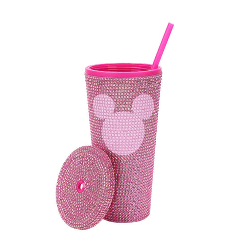 Disney Mickey Mouse 24oz Pink Rhinestone Plastic Tumbler w/ Straw