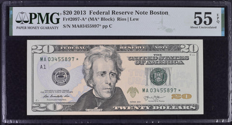 2013 $20 Federal Reserve Note Boston Dollar Bill - Fr#2097-A*, MA* Block, Rios/Lew - PMG Graded 55