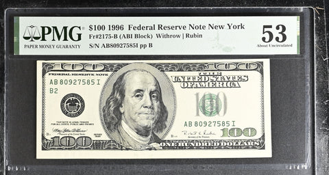1996 $100 Federal Reserve Note New York Dollar Bill - Fr#2175-B, ABI Block, Withrow/Rubin - PMG Graded 53