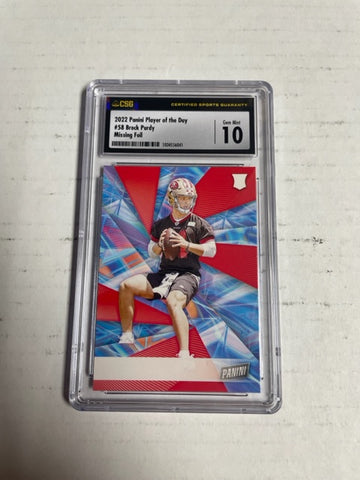 49ers Brock Purdy 2022 Panini Player of the Day No.58 No Name Error Rookie CSG Graded 10 Single Card