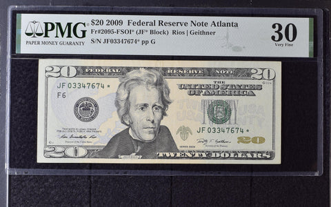 2009 $20 Federal Reserve Note Atlanta Dollar Bill - Fr#2095-FSOI*, JF* Block, Rios/Geithner - PMG Graded 30