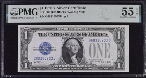 1928B $1 Silver Certificate Dollar Bill - Fr#1602, GB Block, Woods/Mills - PMG Graded 55 (Lot of 4)