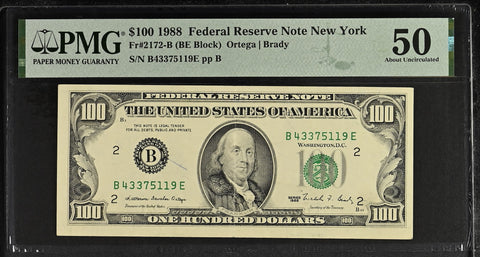 1988 $100 Federal Reserve Note New York Dollar Bill - Fr#2172-B, BE Block, Ortega/Brady - PMG Graded 50