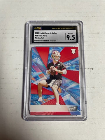 49ers Brock Purdy 2022 Panini Player of the Day No.58 No Name Error Rookie CSG Graded 9.5 Single Card